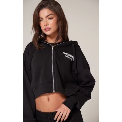 PRETTYLITTLETHING Black Premium Print Zip Front Hoodie