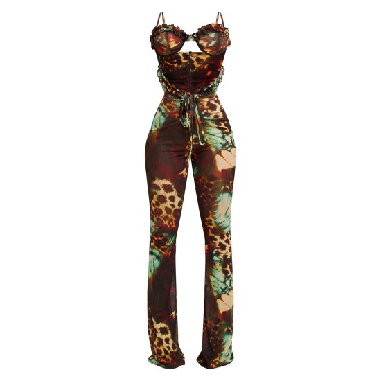 Brown Printed Mesh Cup Detail Cut Out Jumpsuit