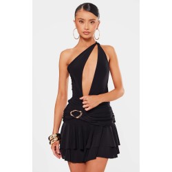 Petite Black Halterneck Trim Detail Shift Mini Dress