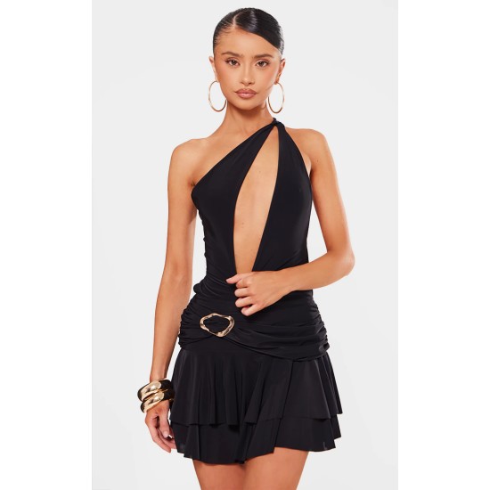 Petite Black Halterneck Trim Detail Shift Mini Dress