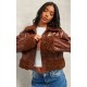 Chocolate Borg Pocket Front Faux Leather Cropped Coat