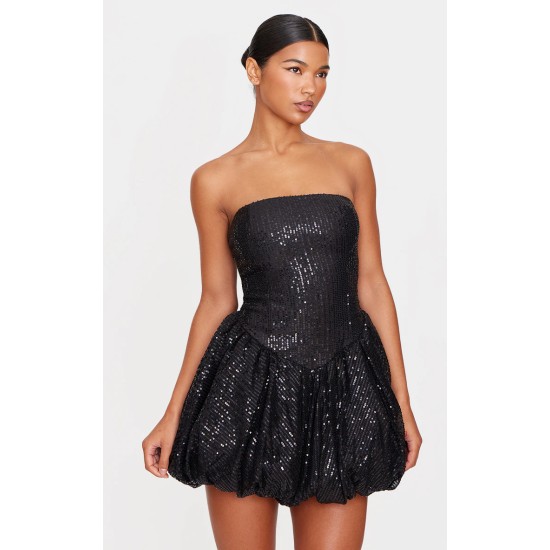 Black Sequin Bandeau Mini Puffball Dress