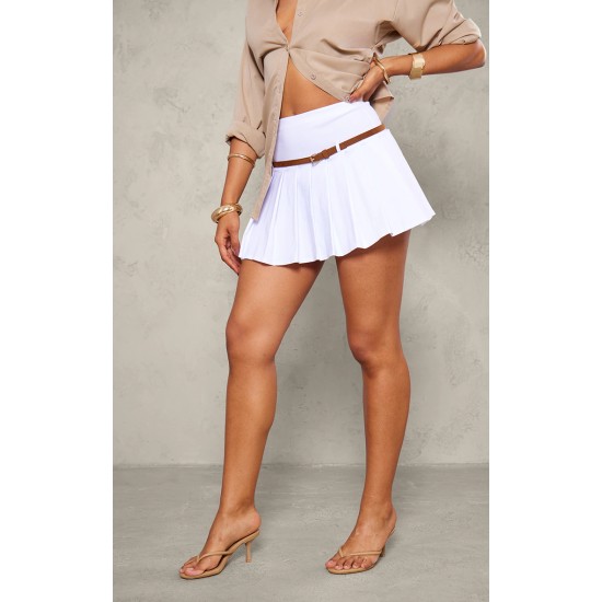 White Stretch Woven Belt Detail Pleated Mini Skirt