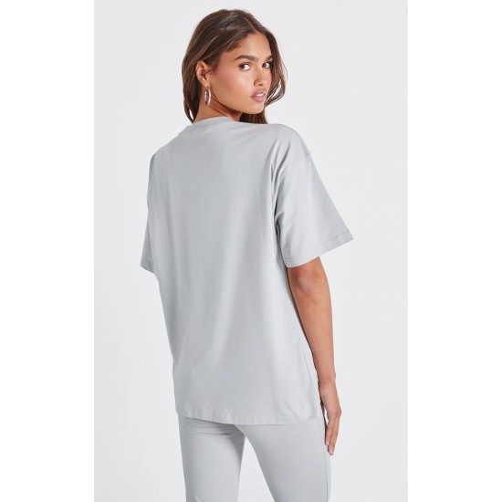 PRETTYLITTLETHING Pale Grey Printed Oversized T-shirt