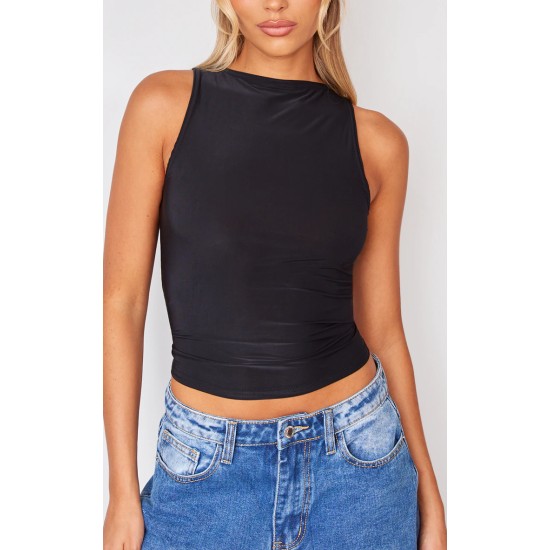 Black Boatneck Slinky Sleeveless Long Top