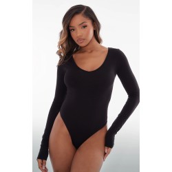 Basic Black Cotton Blend Plunge Long Sleeve Bodysuit