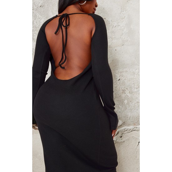 Plus Black Heavy Brushed Rib Tie Back Maxi Dress