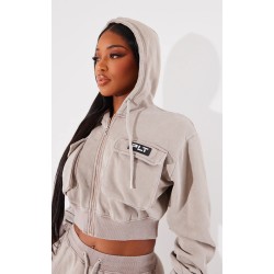 PRETTYLITTLETHING Shape Taupe Washed Cargo Cropped Hoodie