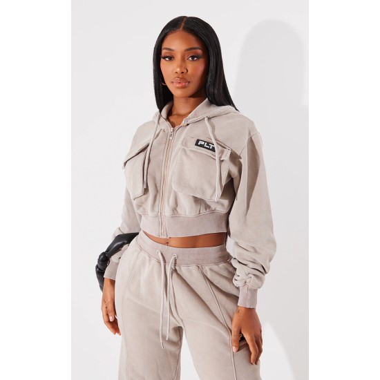 PRETTYLITTLETHING Shape Taupe Washed Cargo Cropped Hoodie