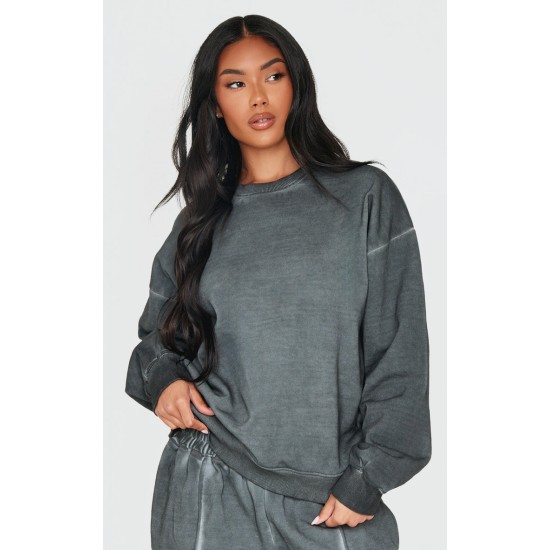 PRETTYLITTLETHING Washed Charcoal Premium Oversized Sweatshirt