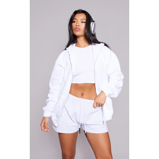 White Oversized Zip Up Plain Front Hoodie