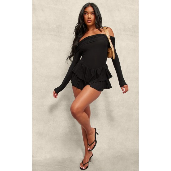 Black Slinky Long Sleeve Bardot Rara Skort Romper