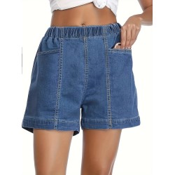 Women’s Stylish Denim Shorts, Casual Sporty Style, Elastic Waist, Comfort Fit, With Pockets, Versatile Summer Wear – PRYCUS MITCHELL INC