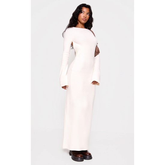 Cream Heavy Brushed Rib Tie Back Maxi Dress