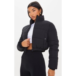 Black Cropped Peach Skin Bubble Puffer Jacket