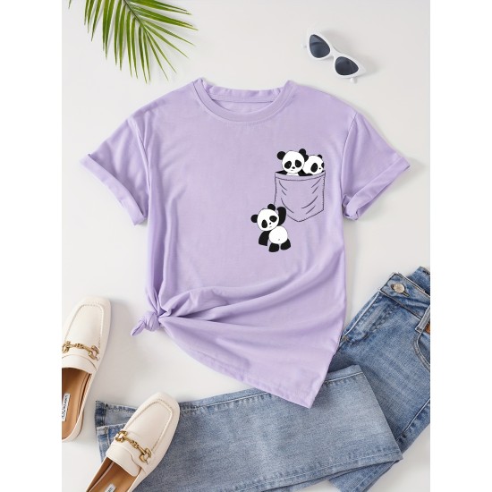 Panda Print Crew Neck T-Shirt, Casual Short Sleeve T-Shirt For Spring & Summer, Women’s Clothing – PRYCUS MITCHELL INC