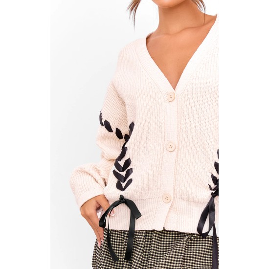 Cream Chunky Knit Ribbon Detail Cardigan