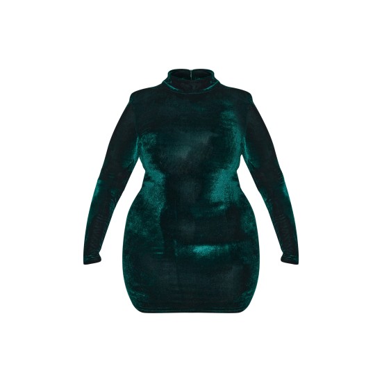 Plus Emerald Green Velour High Neck Long Sleeve Mini Dress