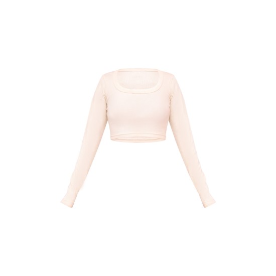 Cream Rib Scoop Neck Long Sleeve Crop Top