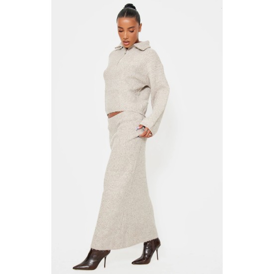 Taupe Knitted Zip Up Sweater And Maxi Skirt Set