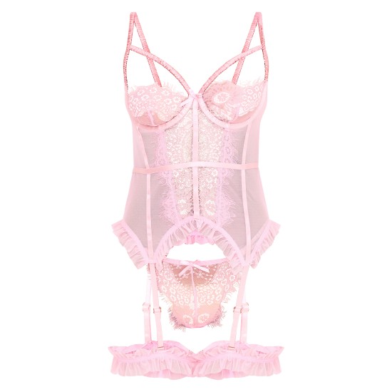 Baby Pink Eyelash Lace Frill Detail Longline Corset Lingerie Set