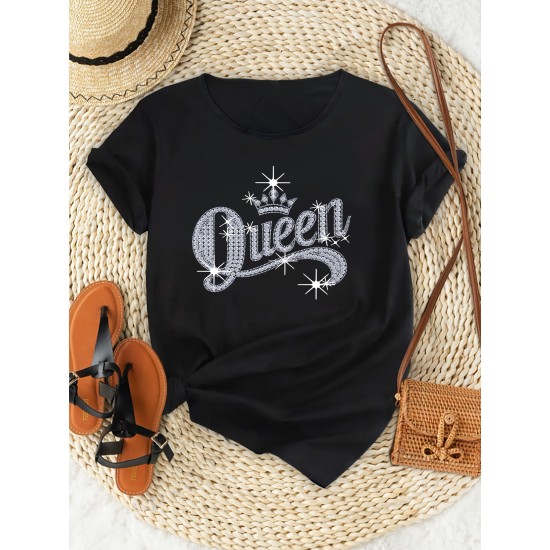 Crown & Queen Letter Print Casual T-Shirt, Round Neck Short Sleeves Sports Tee, Women’s Comfy Tops – PRYCUS MITCHELL INC