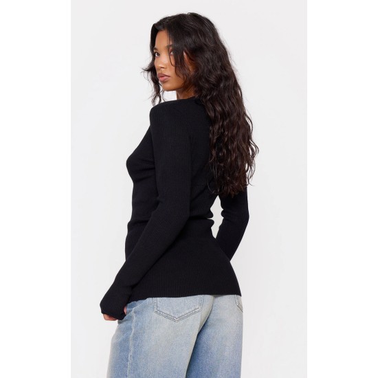 Black Knitted Ribbed Long Sleeve Cardigan