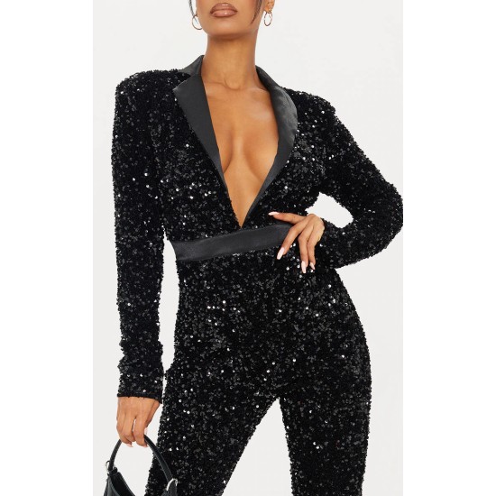 Black Velvet Sequin Plunge Front Tailored Jumpsuit