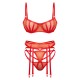 Red Underwired Binding Mesh 3 Piece Lingerie Set